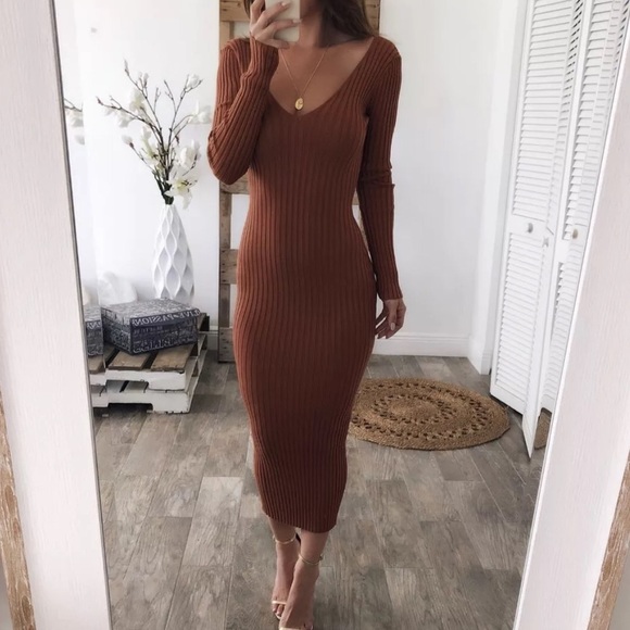 Brown Ribbed knitted bodycon dress - Picture 1 of 3